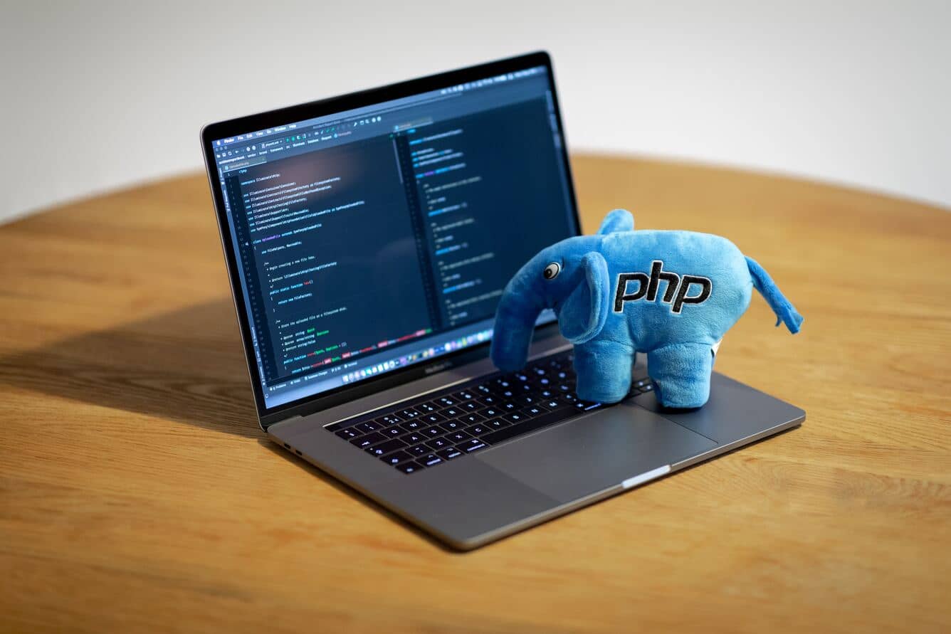 Computador com mascote elefante em cima representando se o WordPress se enquadra como um CMS ou Framework PHP